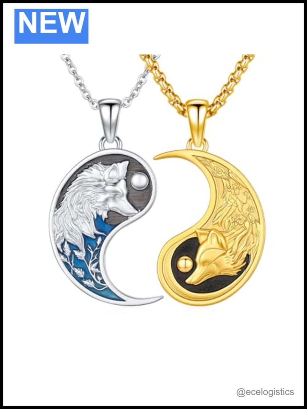925 Sterling Silver Yin Yang Wolf Pendant Necklace Matching Couple Set